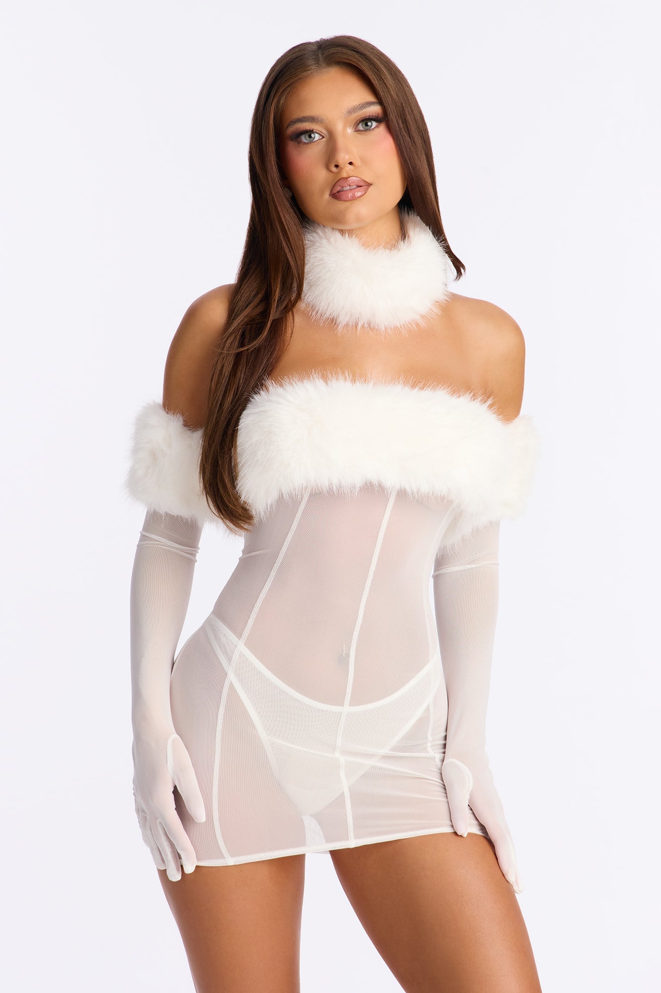 Plush Provocateur Mesh Faux Fur Chemise Dress With Gloves - White