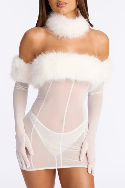 Plush Provocateur Mesh Faux Fur Chemise Dress With Gloves - White
