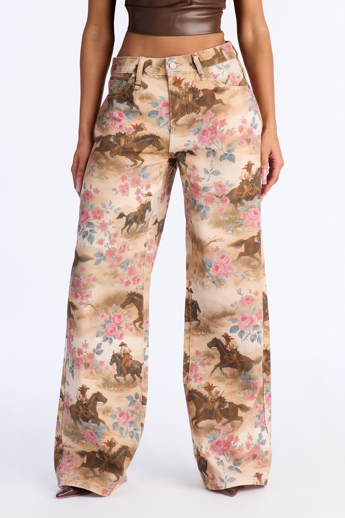 Rides &amp; Roses Printed Wide Leg Jeans - Brown/combo