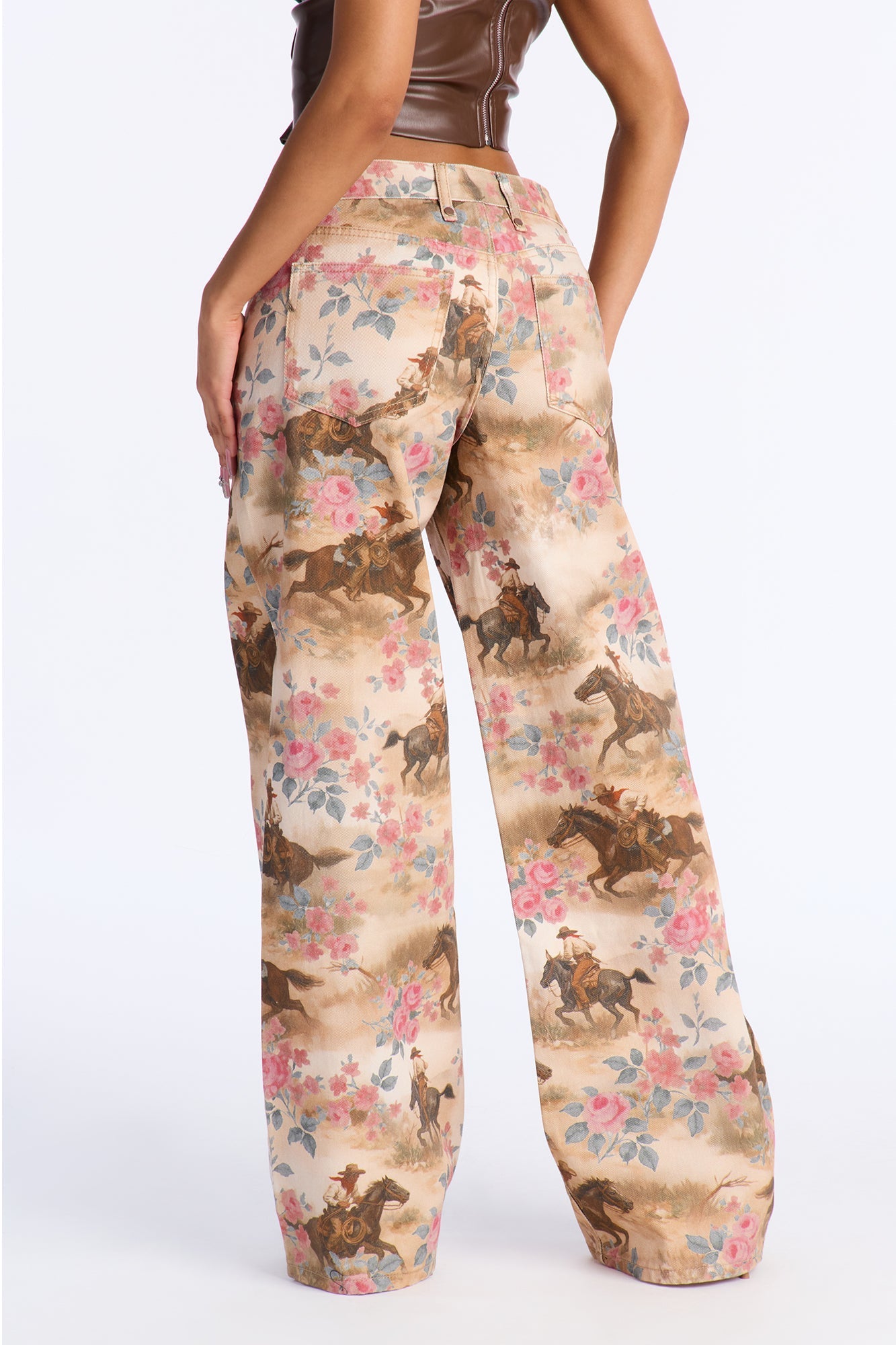 Rides &amp; Roses Printed Wide Leg Jeans - Brown/combo