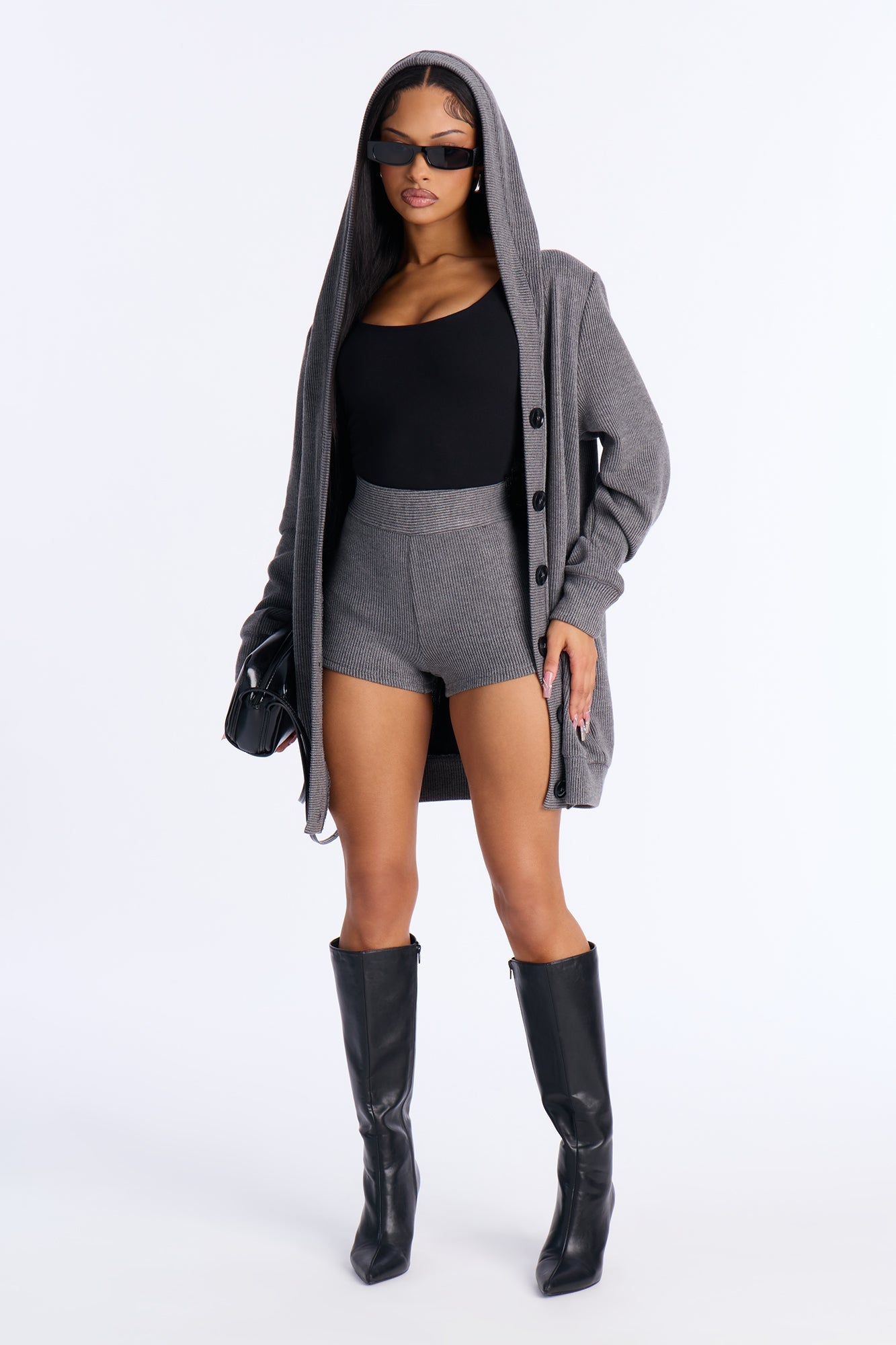 Zamira Sweater Cardigan Micro Short Set - Grey