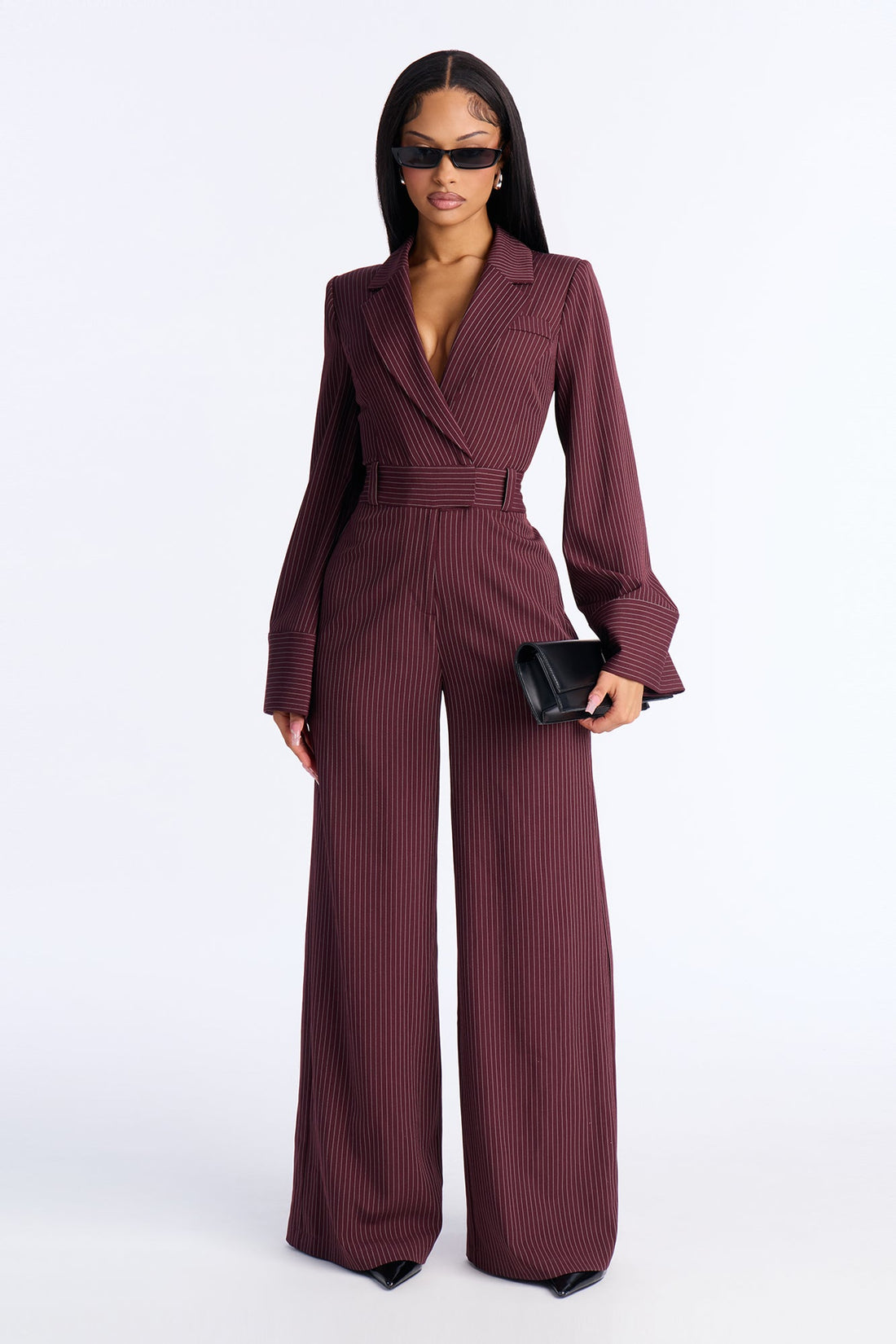 Kylie Blazer Pinstripe Wide Leg Jumpsuit - Wine