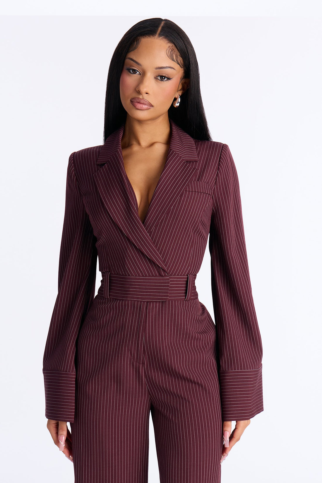 Kylie Blazer Pinstripe Wide Leg Jumpsuit - Wine