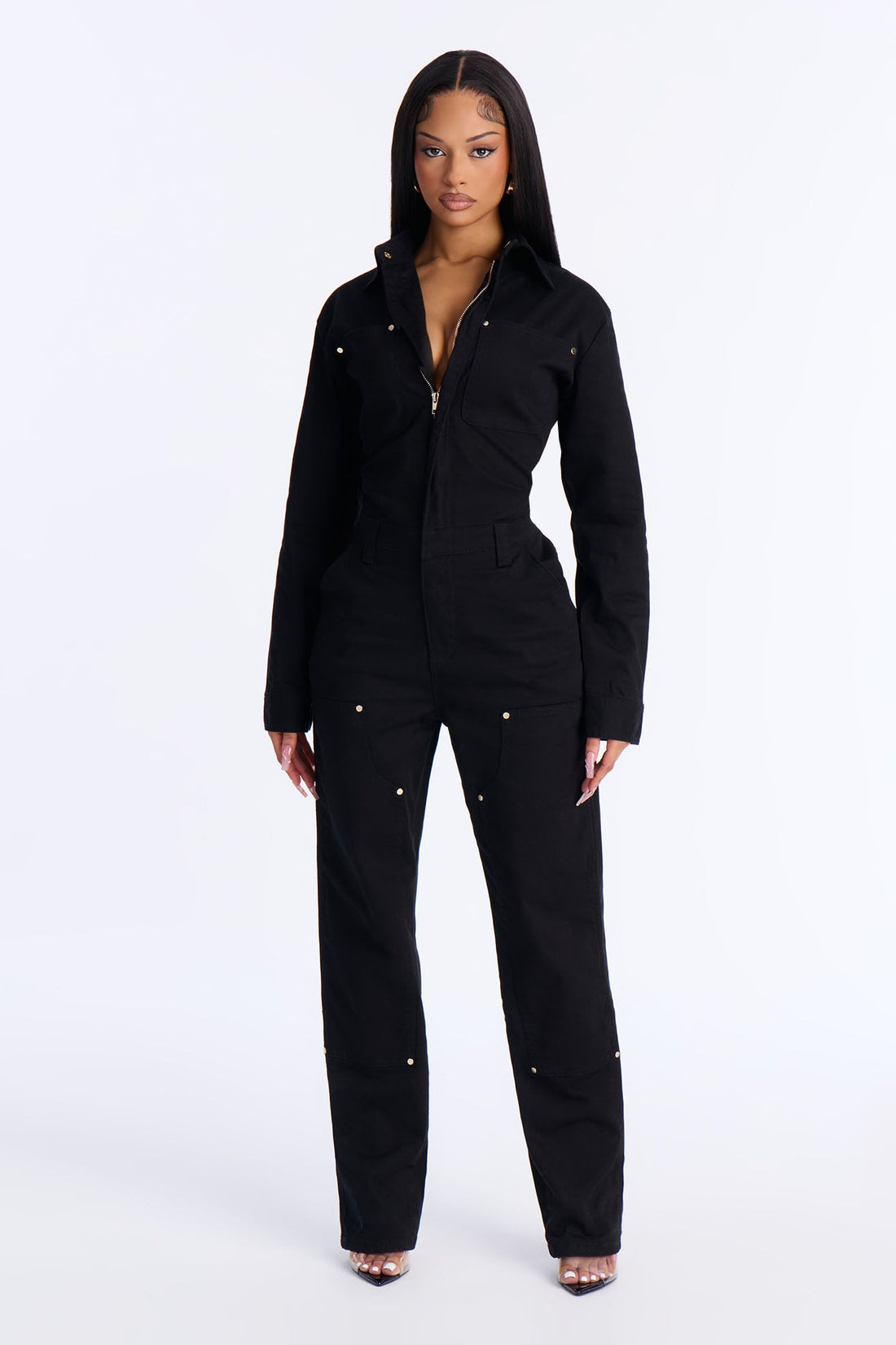 On The Go Twill Long Sleeve Jumpsuit - Black