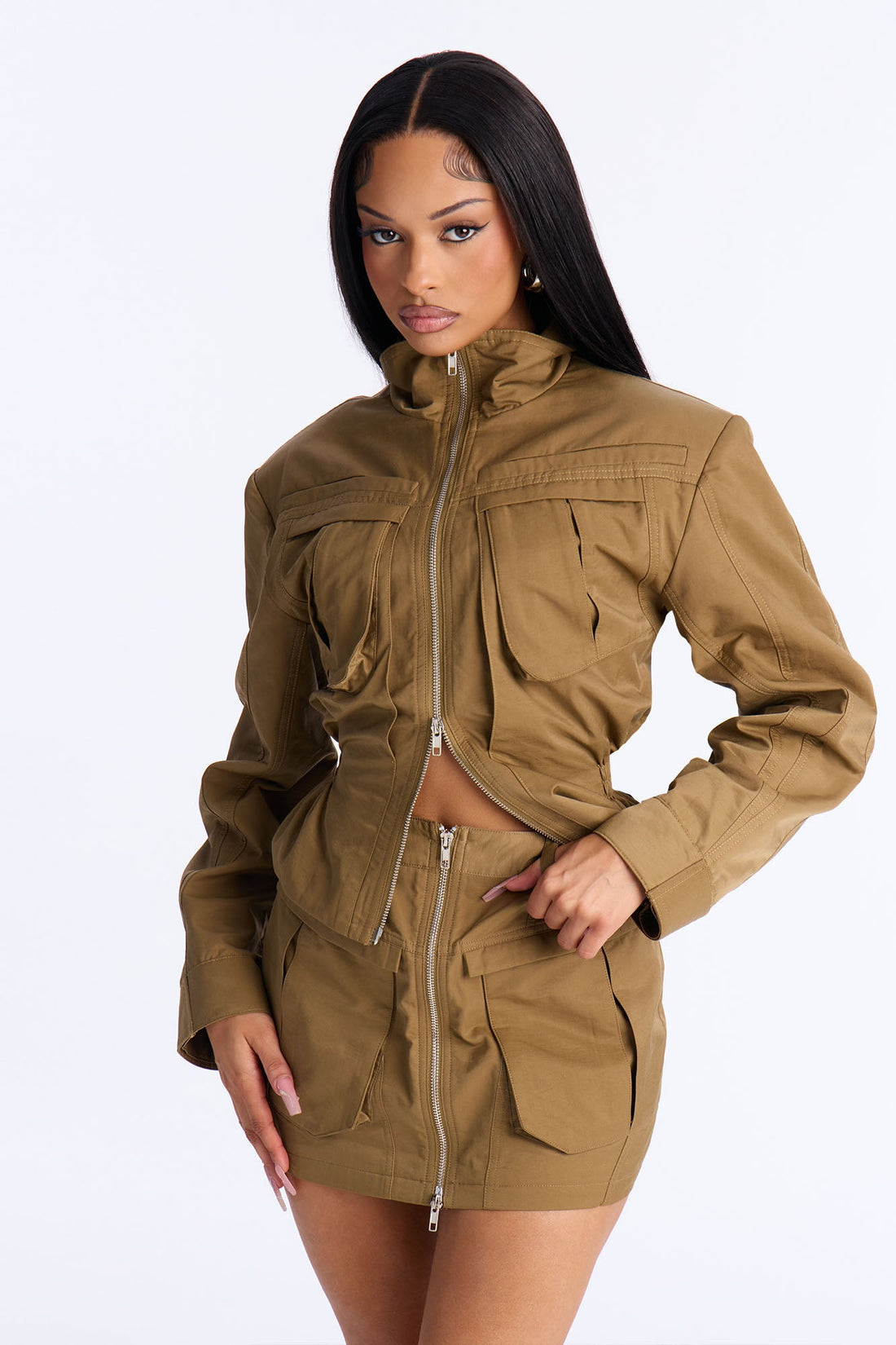 Got Your Attention Cinched Waist Utility Jacket - Olive
