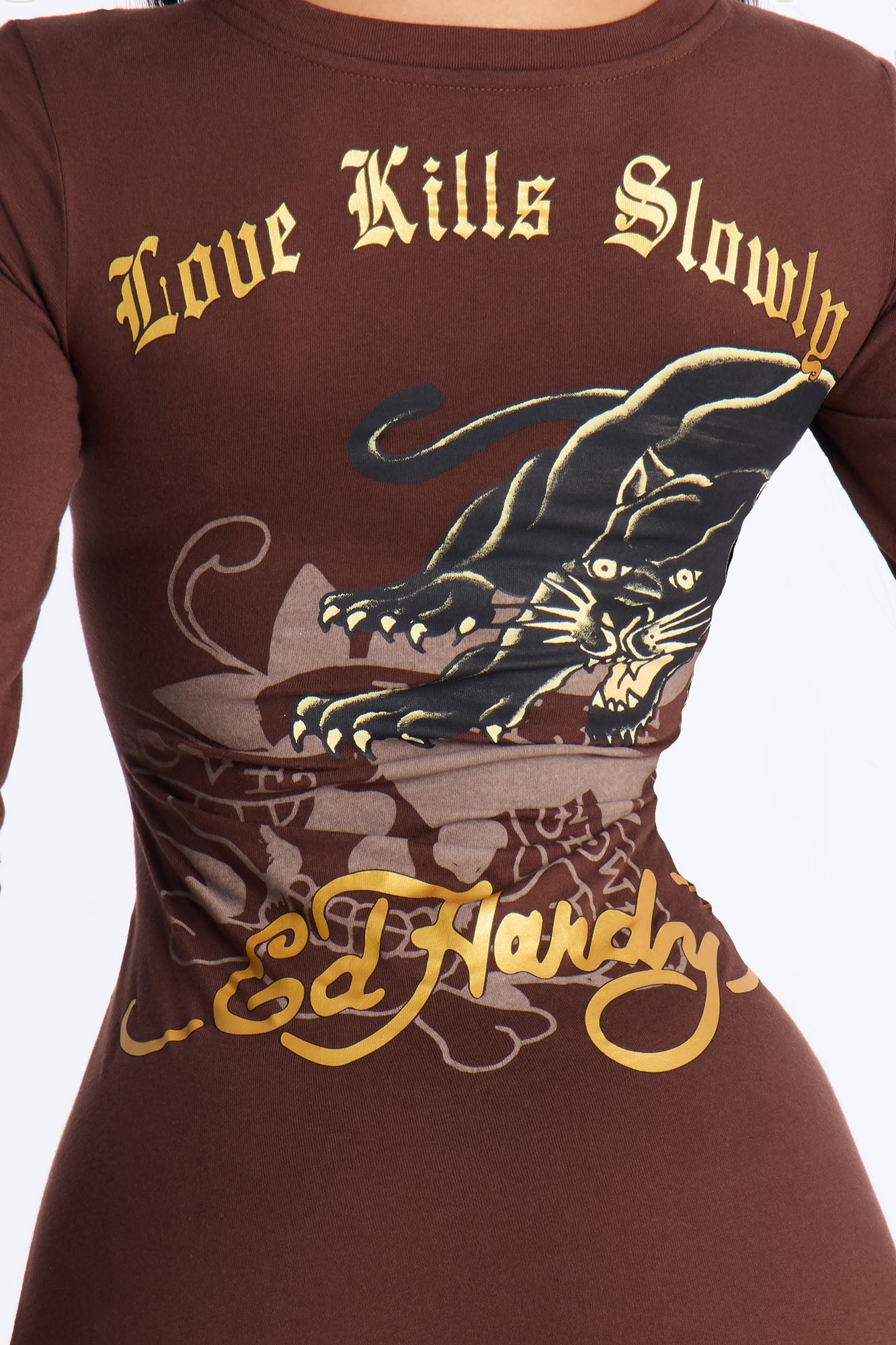 Ed Hardy Love Kills Slowly Skull Long Sleeve Mini Dress - Chocolate