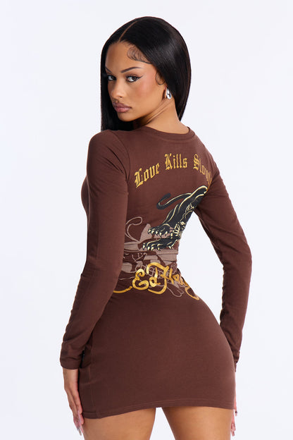 Ed Hardy Love Kills Slowly Skull Long Sleeve Mini Dress - Chocolate