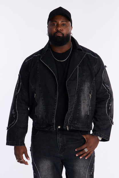 Moto Been Down Jeweled Denim Jacket - Black Wash