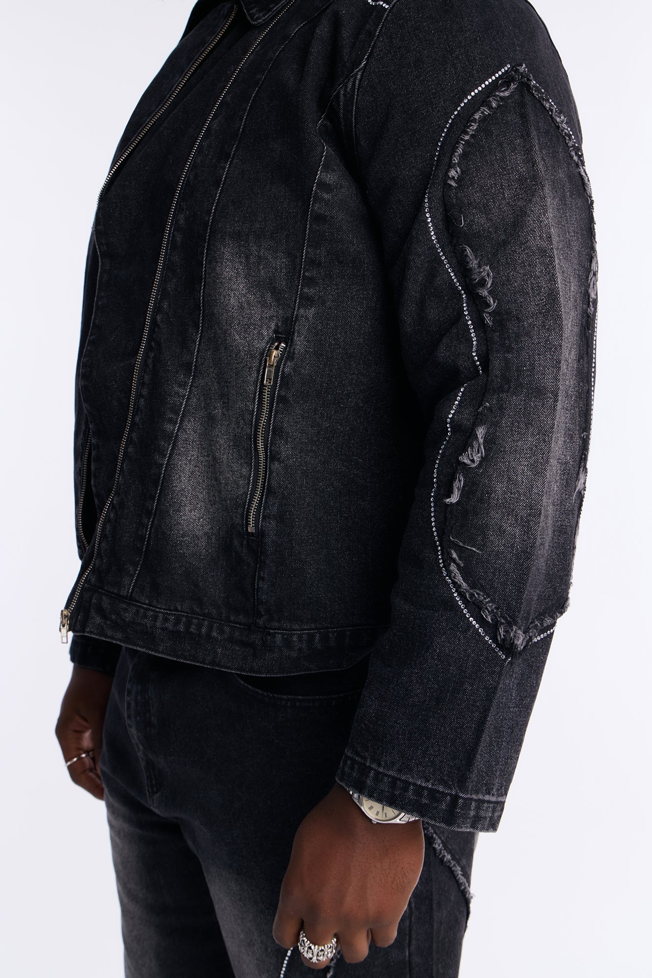 Moto Been Down Jeweled Denim Jacket - Black Wash