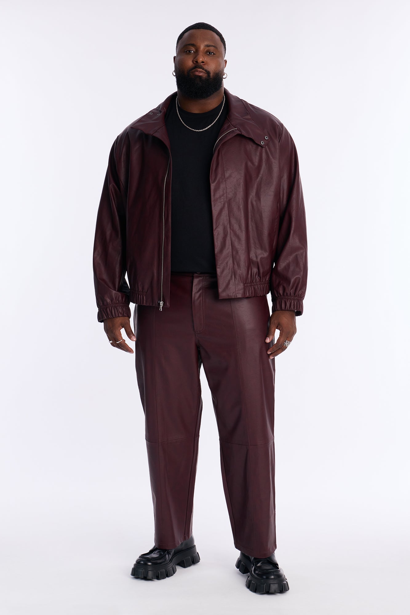 Unlimited Textured Faux Leather Bomber Jacket - Burgundy