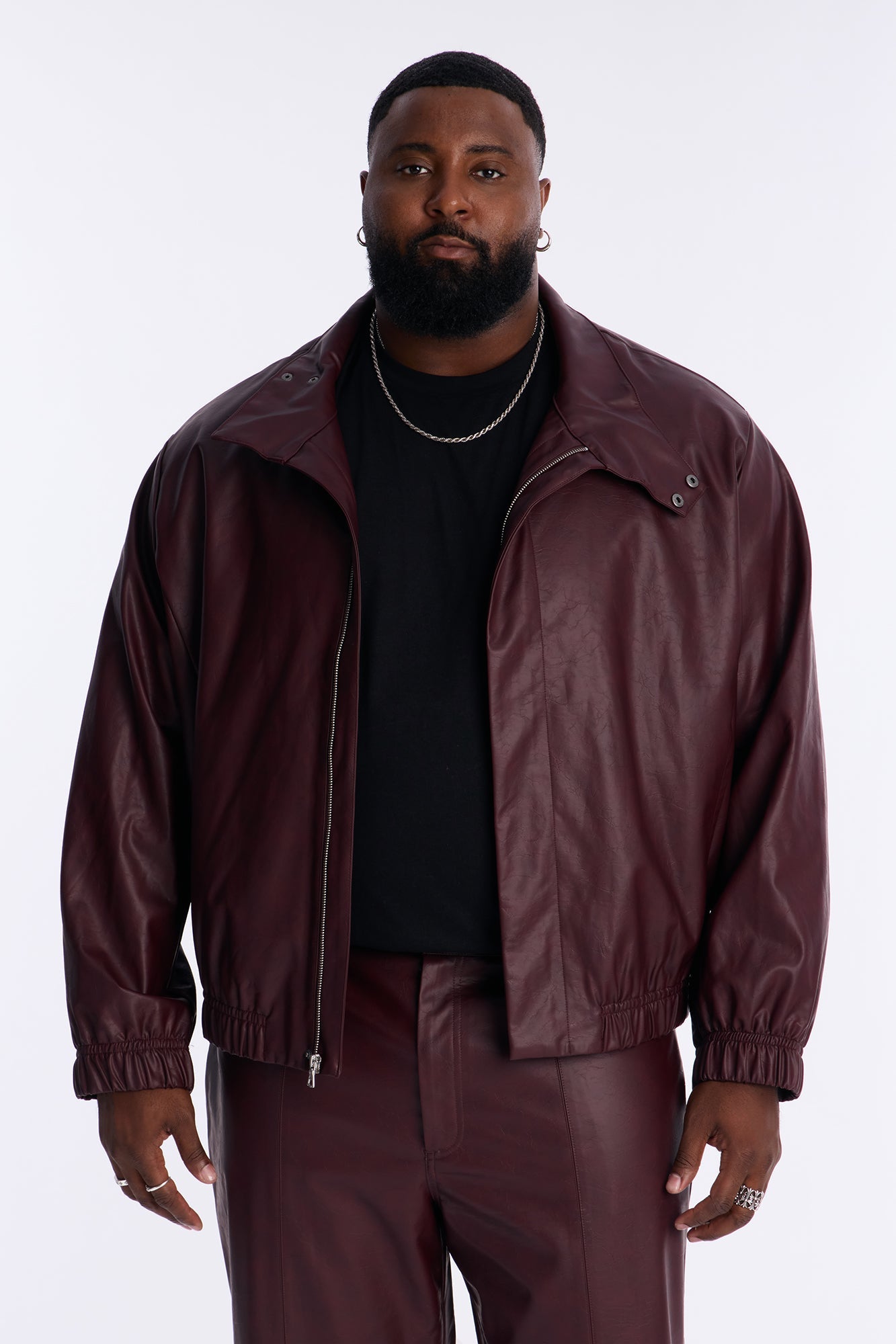 Unlimited Textured Faux Leather Bomber Jacket - Burgundy