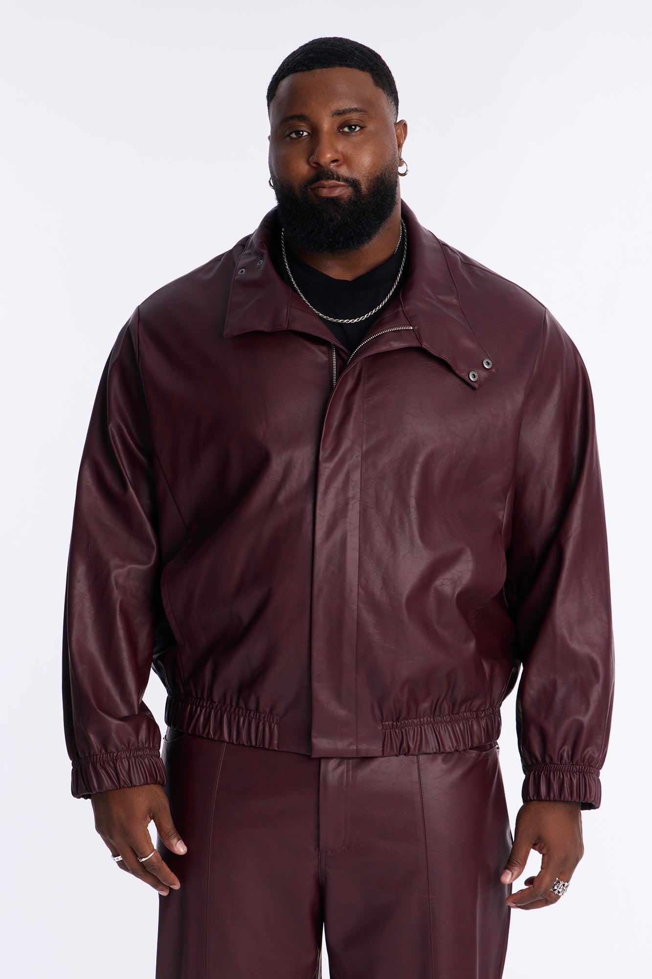 Unlimited Textured Faux Leather Bomber Jacket - Burgundy