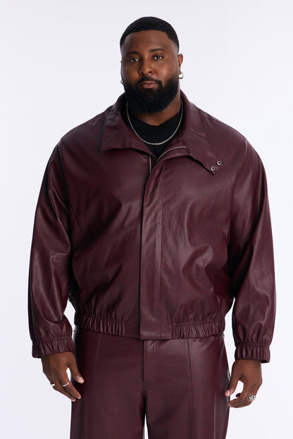 Unlimited Textured Faux Leather Bomber Jacket - Burgundy