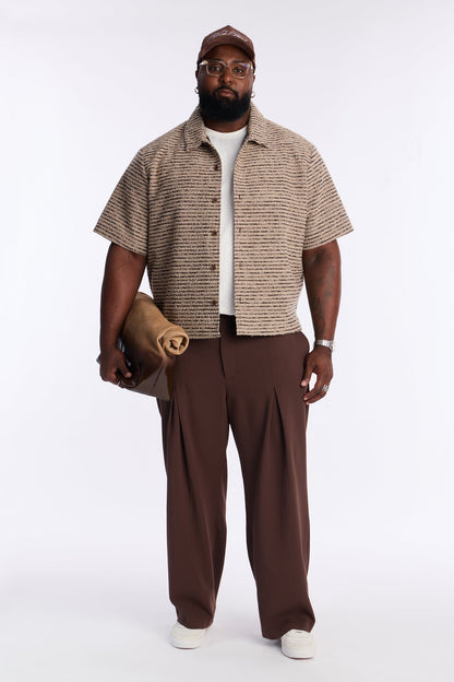 Relaxed Cropped Tweed Button Up Shirt - Brown