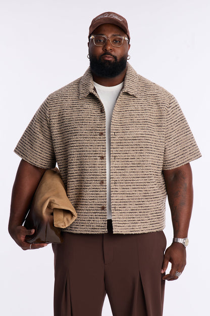 Relaxed Cropped Tweed Button Up Shirt - Brown