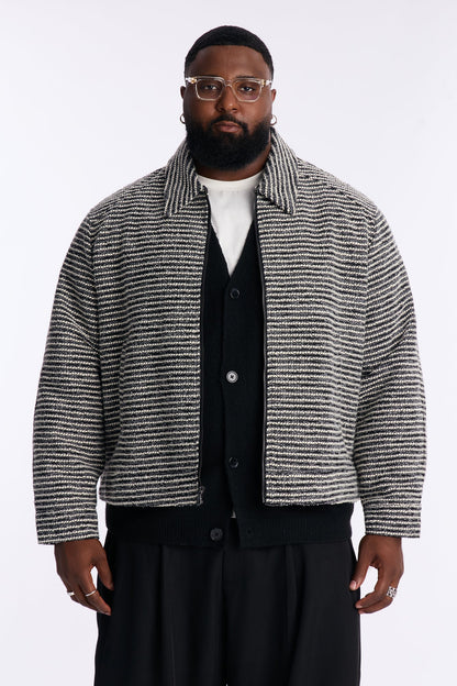 Relaxed Cropped Tweed Bomber Jacket - Grey