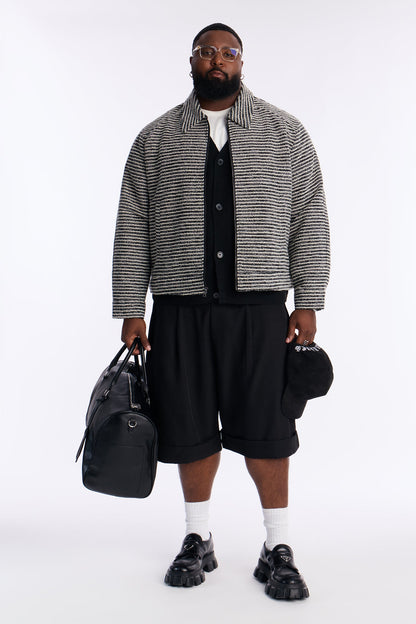 Relaxed Cropped Tweed Bomber Jacket - Grey