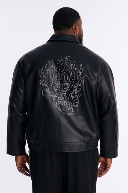 Embroidered Skull Faux Leather Jacket - Black