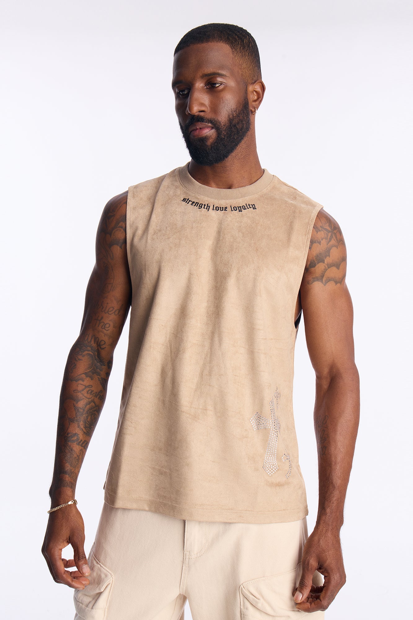 Studded Cross Faux Suede Muscle Tee - Stone