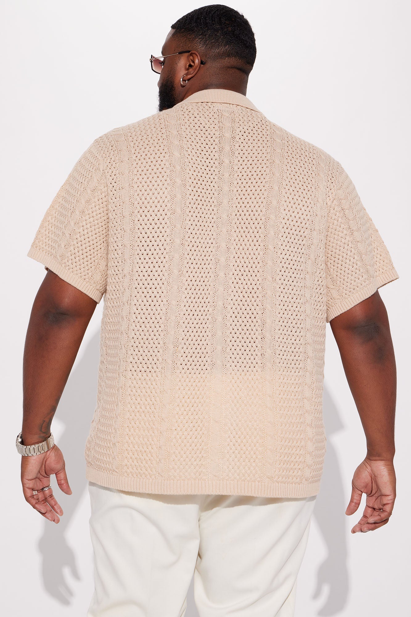 Unwind Cable Knit Short Sleeve Button Up - Oatmeal