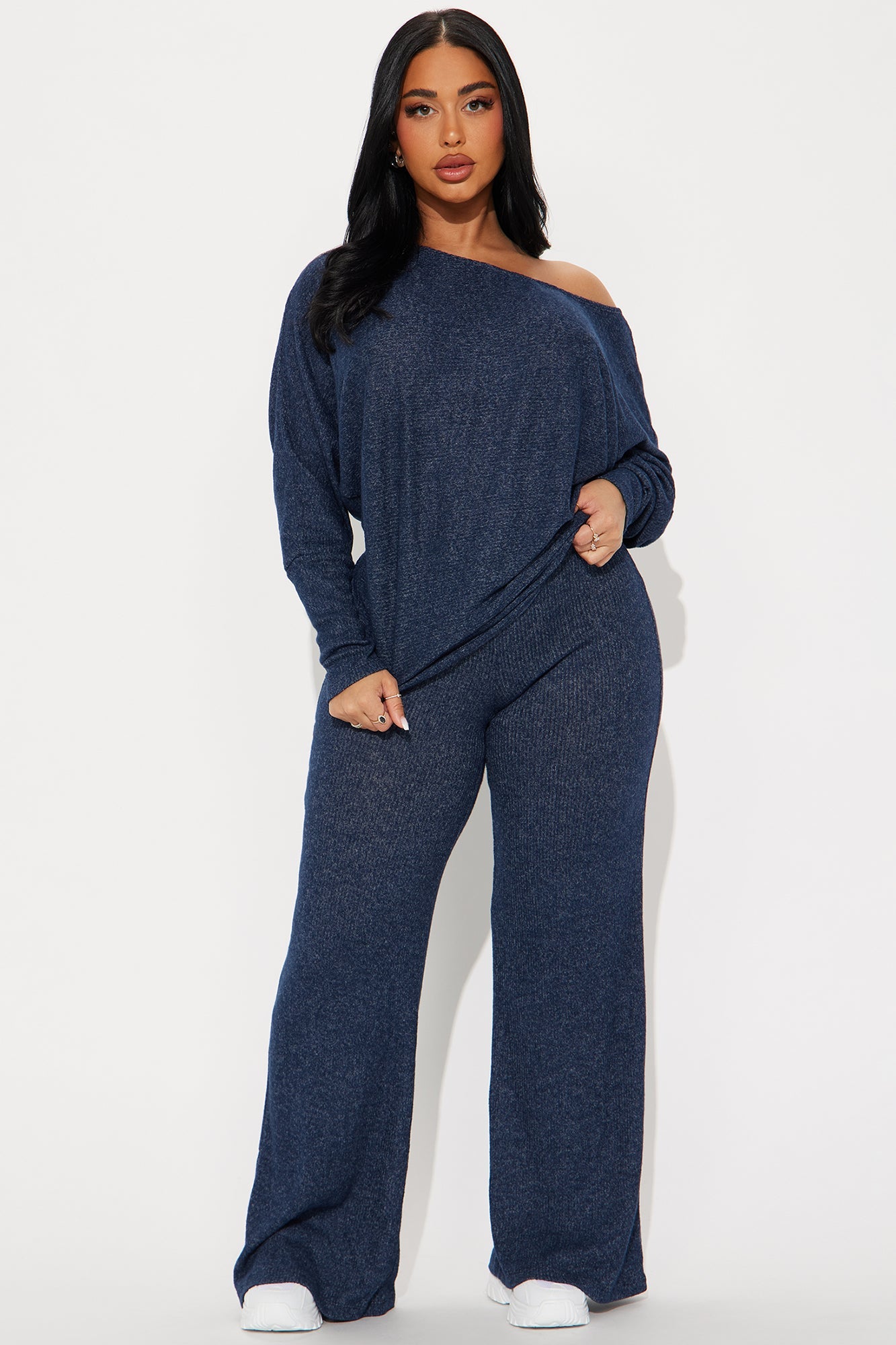 Cozy Off Shoulder Pant Set - Navy