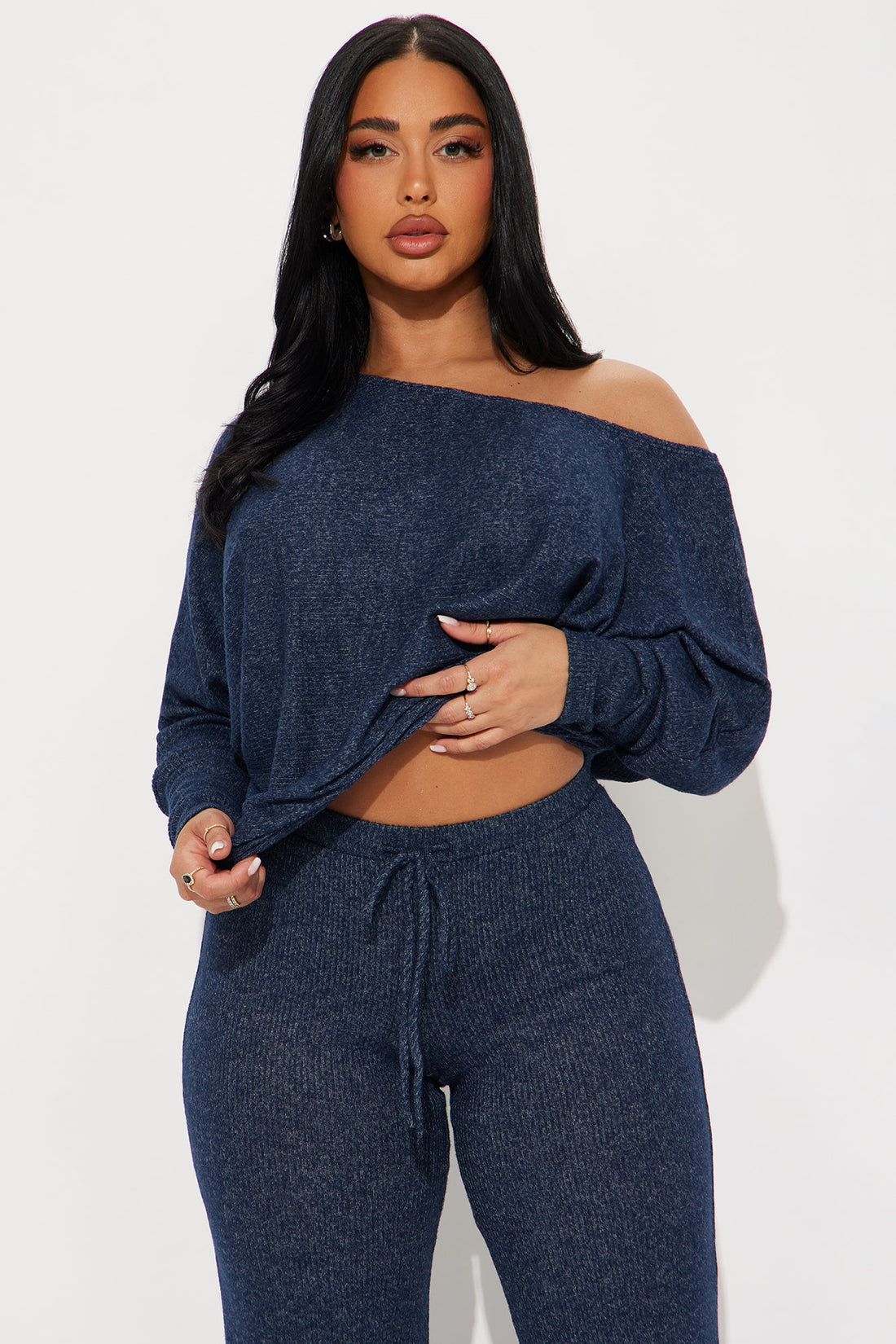 Cozy Off Shoulder Pant Set - Navy