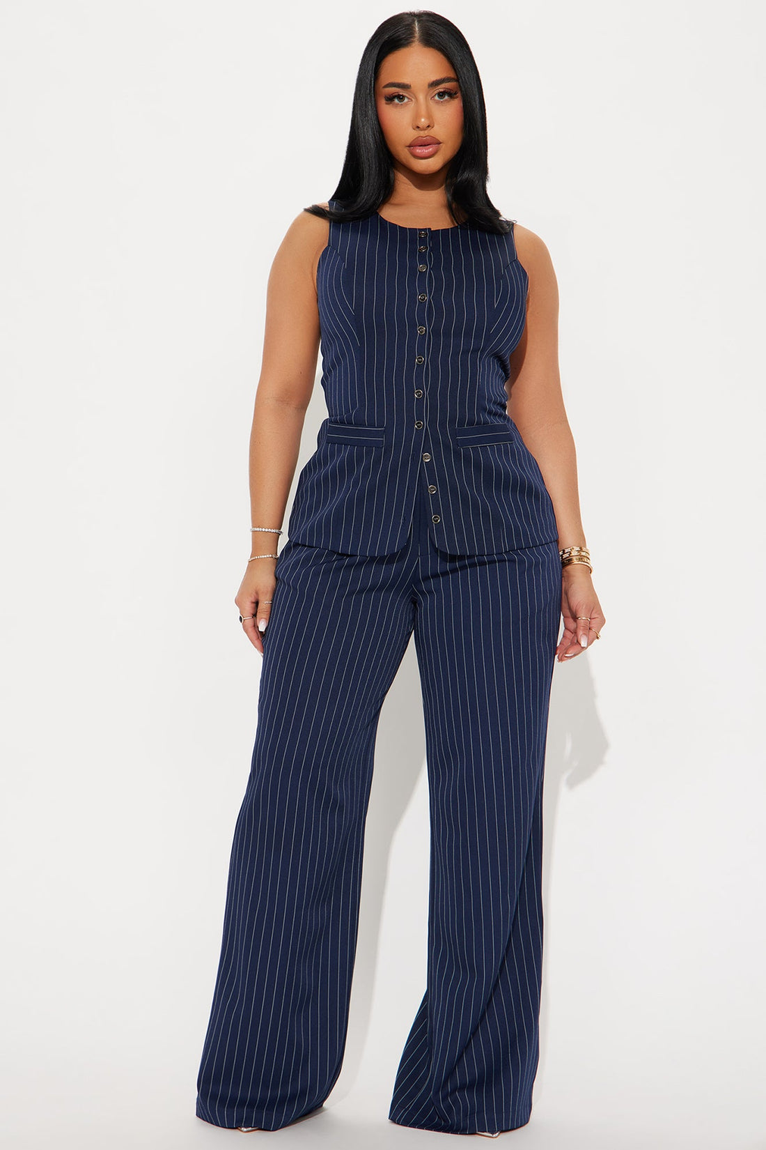 Stephanie Pinstripe Vest Pant Set - Navy