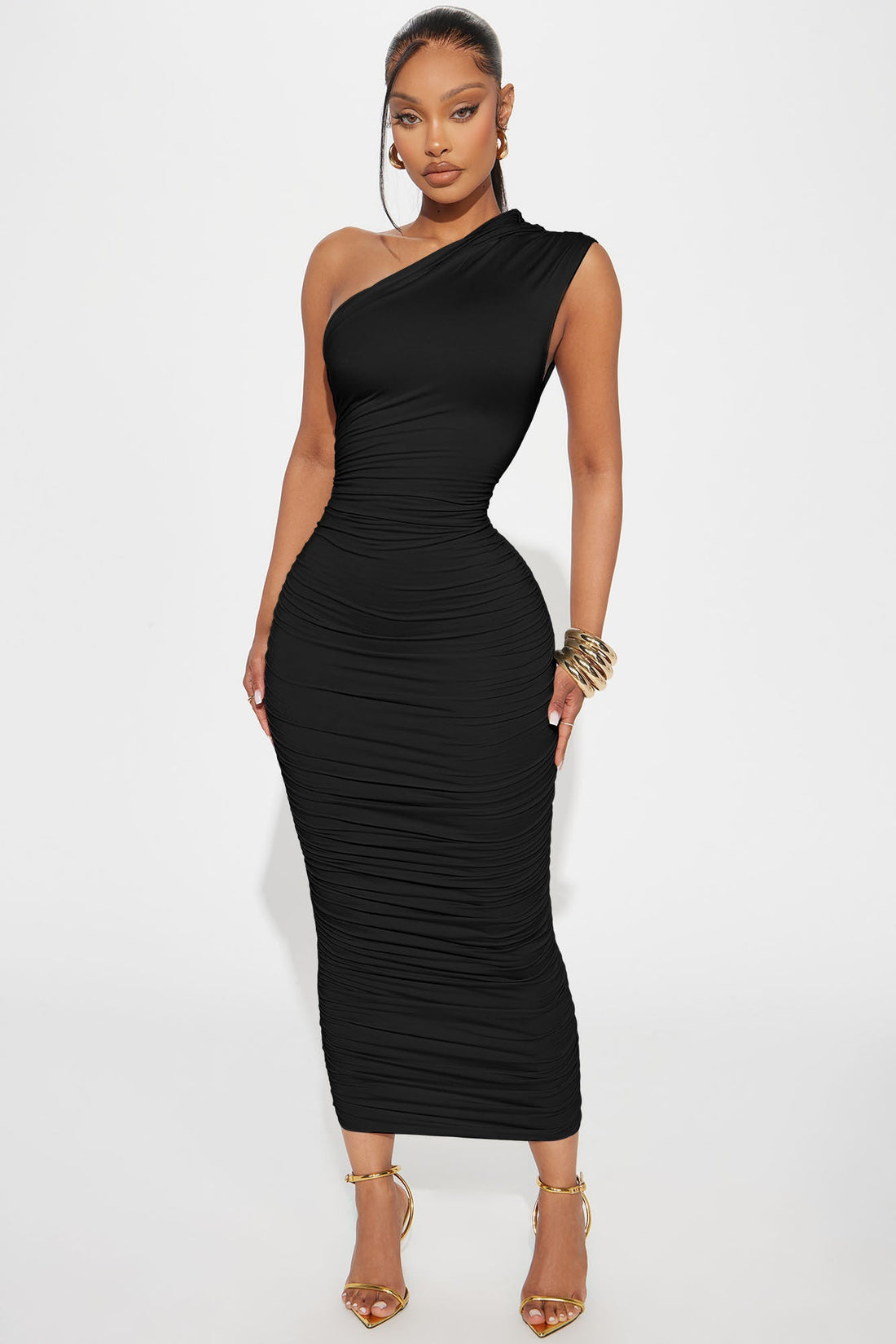 Perfect Frame Double Lined Ruched Midi Dress - Black