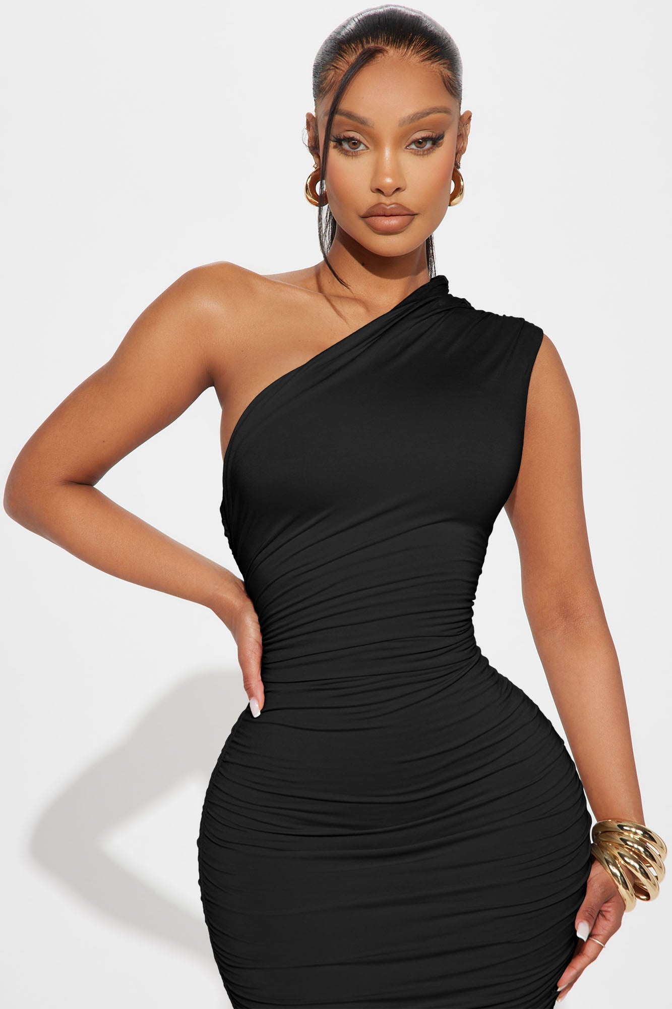 Perfect Frame Double Lined Ruched Midi Dress - Black