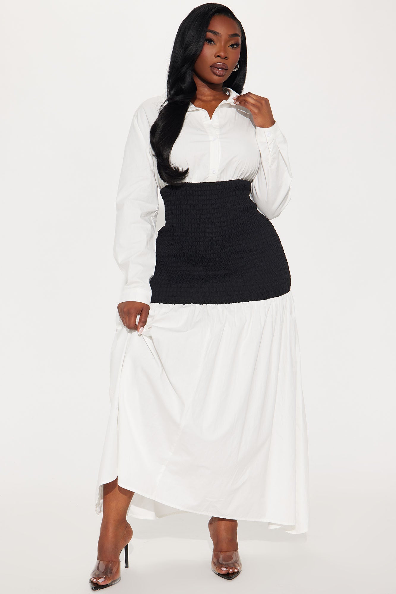 Olivia Smocked Maxi Shirt Dress - White/Black