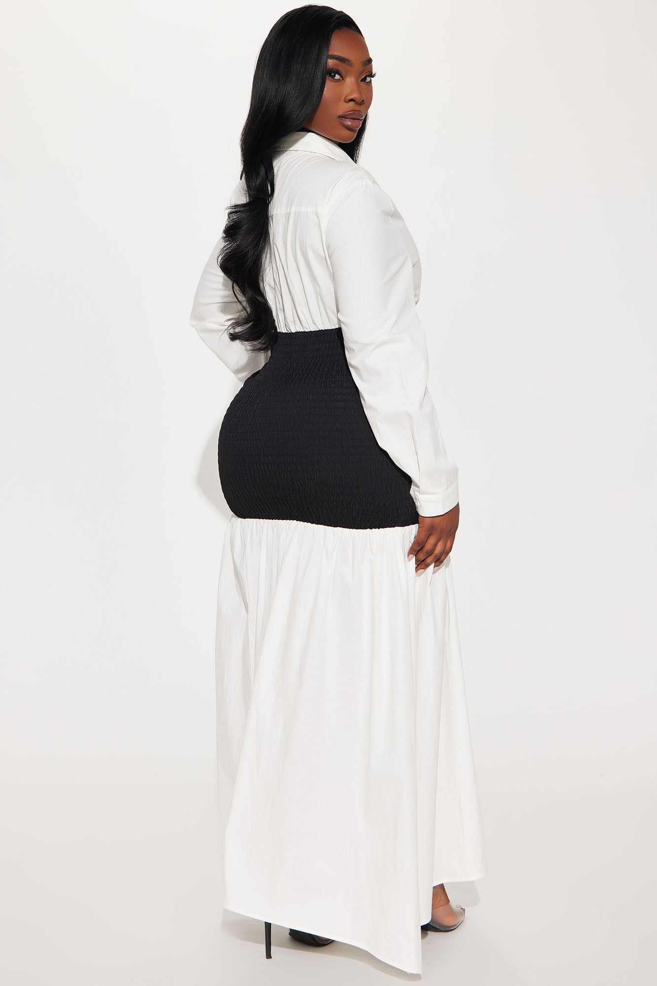 Olivia Smocked Maxi Shirt Dress - White/Black