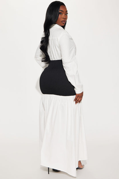 Olivia Smocked Maxi Shirt Dress - White/Black