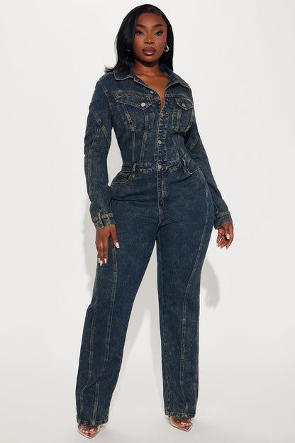 Downtown Vibe Denim Jumpsuit - Dark Wash