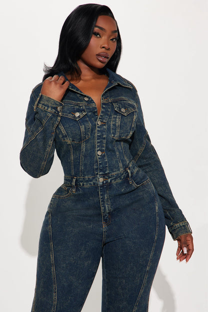 Downtown Vibe Denim Jumpsuit - Dark Wash