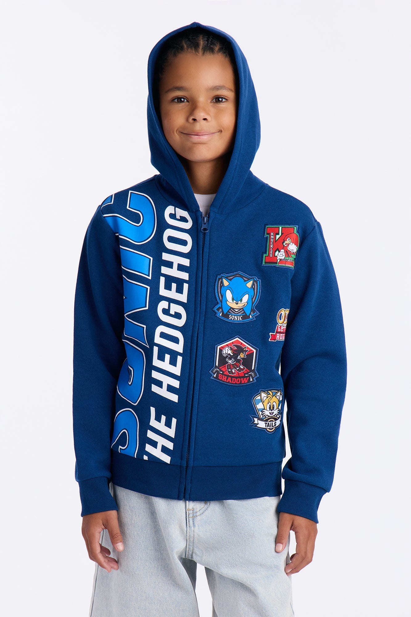 Mini Sonic The Hedgehog Embroidered Patch Zip Hoodie - Navy