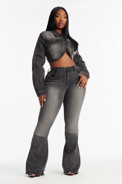 Isabella Embellished Low Rise Flare Jeans - Grey/Smoke