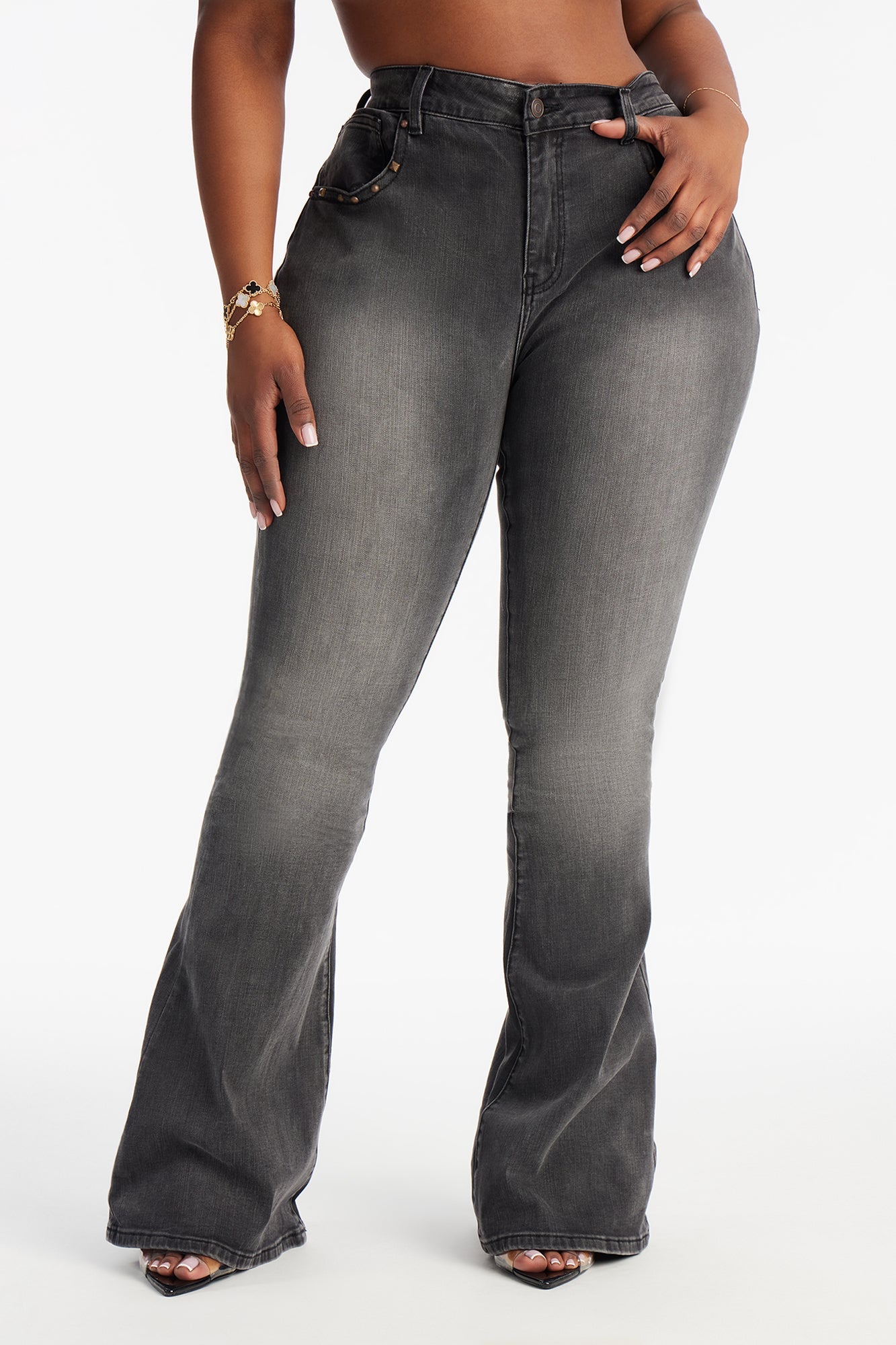 Isabella Embellished Low Rise Flare Jeans - Grey/Smoke