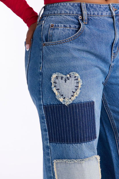 Craft Queen Wide Leg Patchwork Jeans - Dark Wash