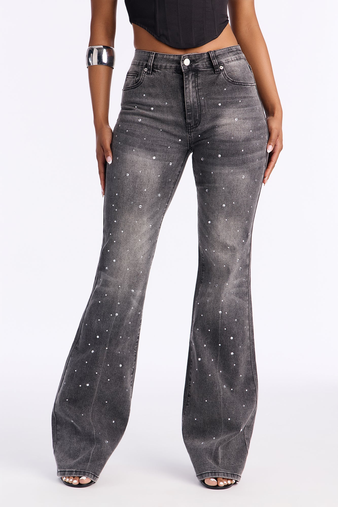 Hands Off Embellished Flare Leg Jeans - Grey