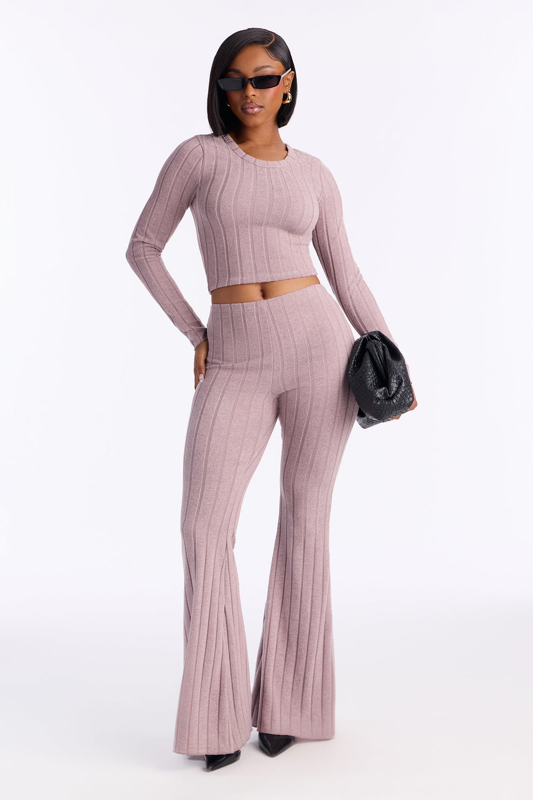 Just Because Ribbed Hacci Flare Pant Set - Lavender
