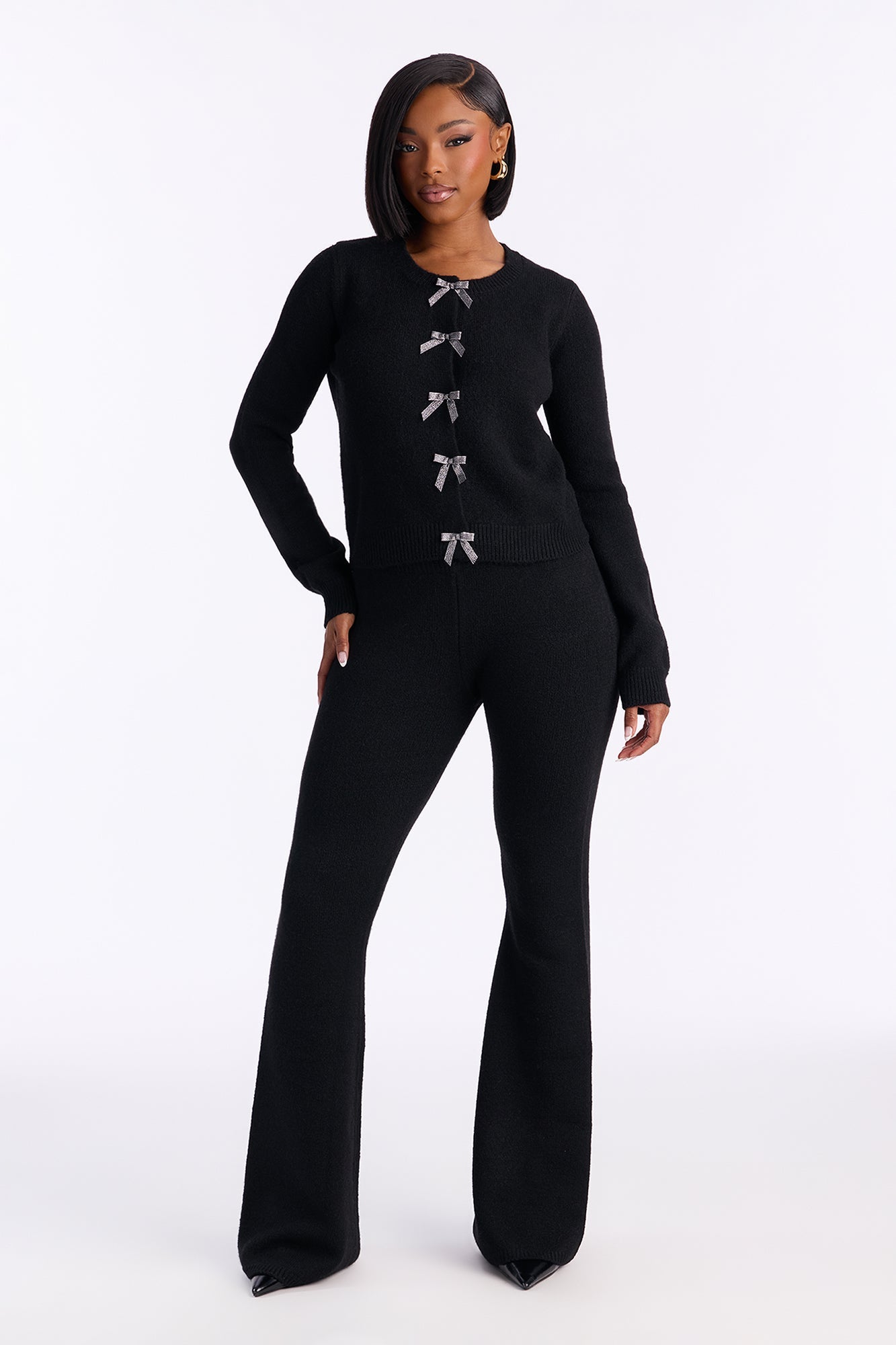 Carrie Embellished Bow Sweater Pant Set - Black