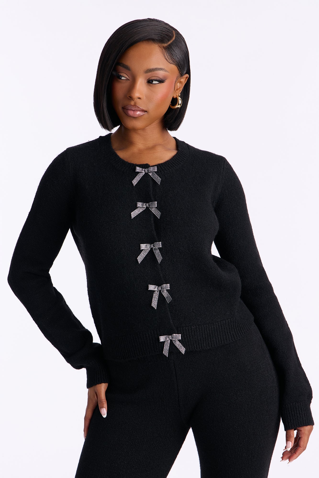 Carrie Embellished Bow Sweater Pant Set - Black