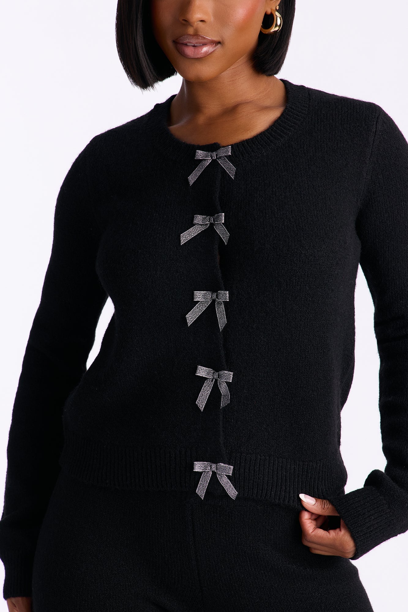 Carrie Embellished Bow Sweater Pant Set - Black