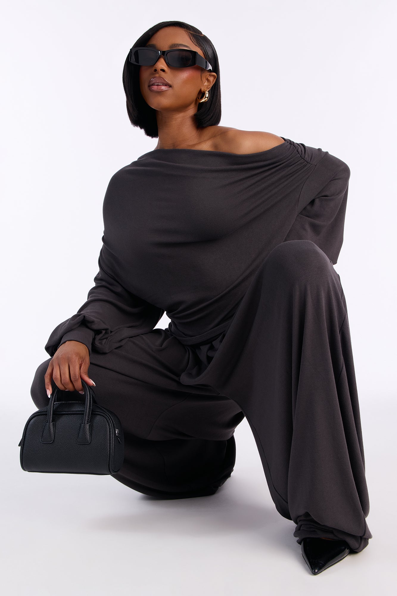 Calista Off Shoulder Balloon Pant Set - Charcoal