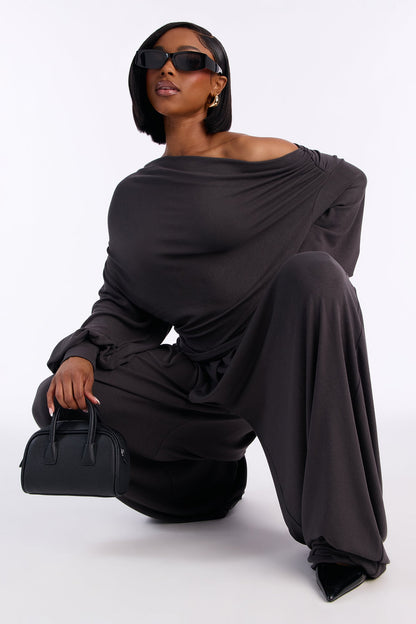 Calista Off Shoulder Balloon Pant Set - Charcoal