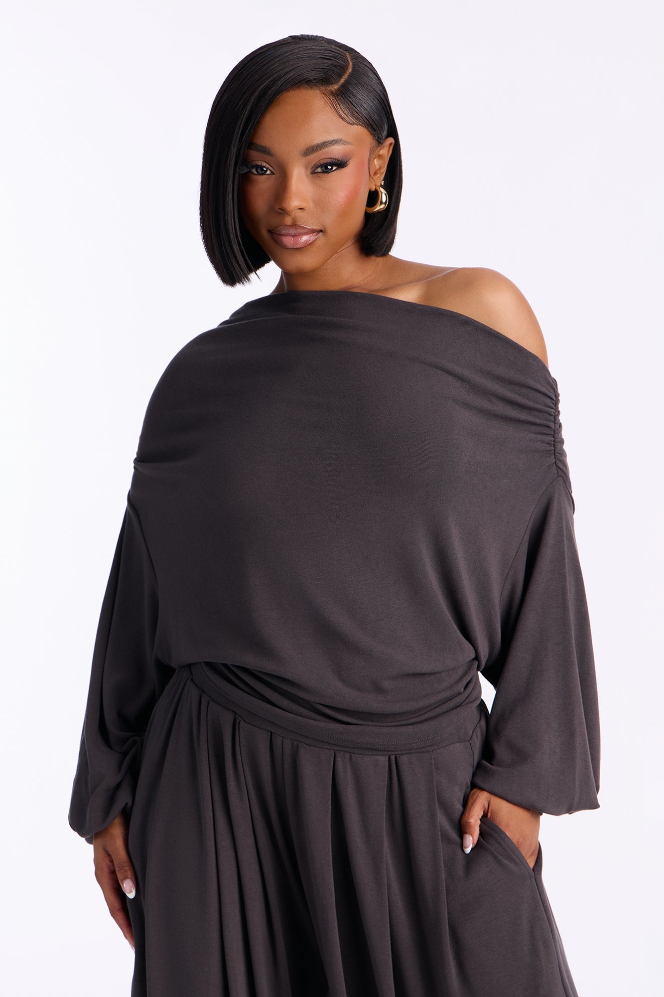 Calista Off Shoulder Balloon Pant Set - Charcoal