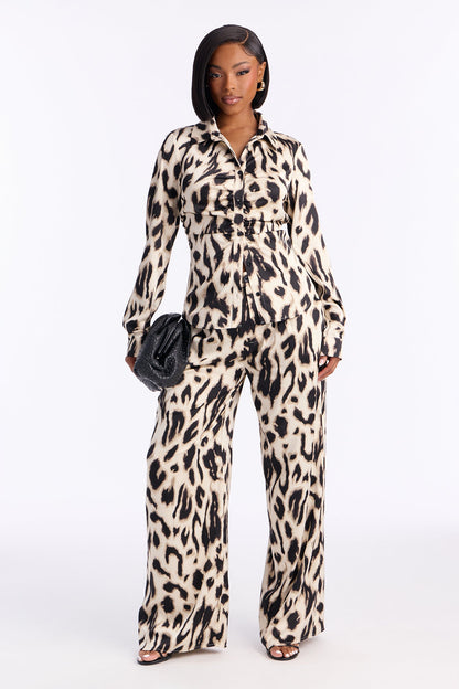 Neveah Satin Shirt Pant Set - Black/combo