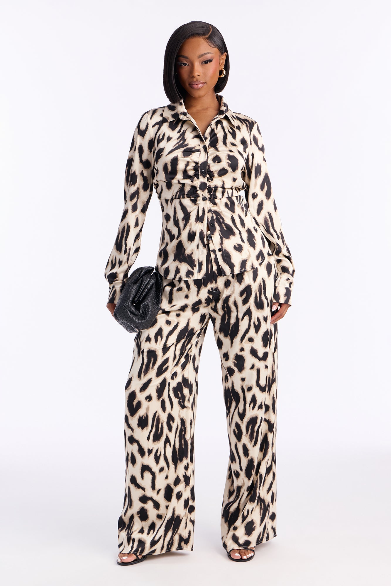 Neveah Satin Shirt Pant Set - Black/combo