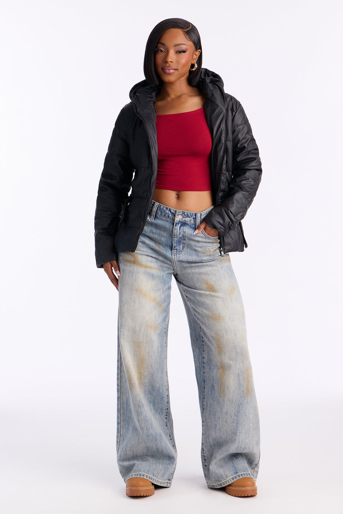 City Nights Faux Leather Puffer Jacket - Black