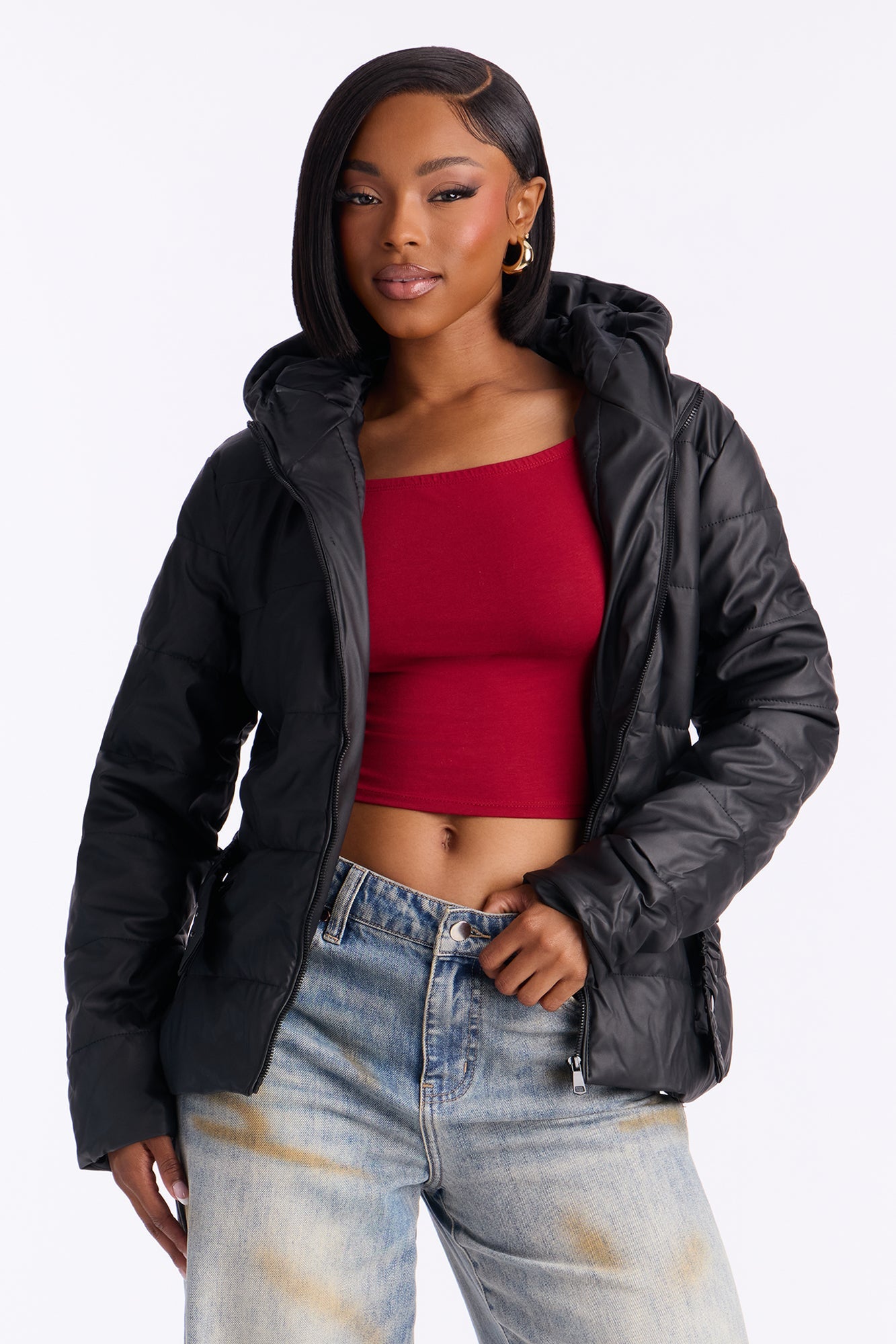 City Nights Faux Leather Puffer Jacket - Black